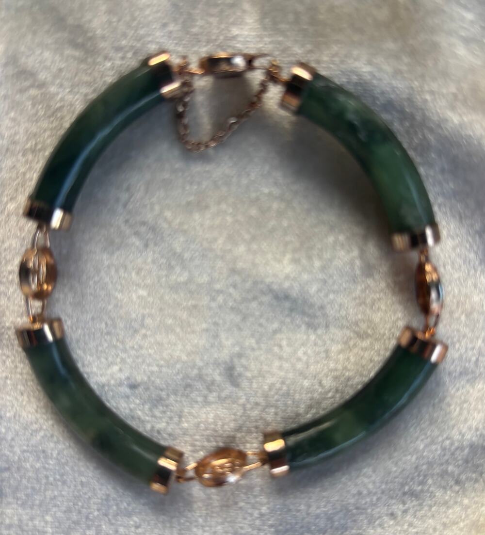 Vintage Jade Bracelet 4 Lucky Wishes Green Nephrite Gold Tone Bangle 7.5" MCM